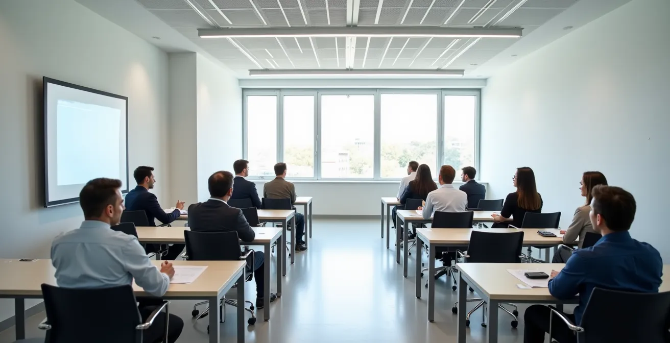 Salle de formation avec professionnels en apprentissage des protocoles de désinsectisation