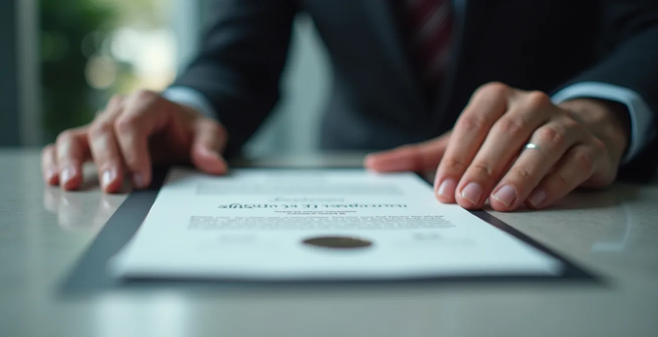 Main tenant un certificat officiel avec cachet visible en gros plan